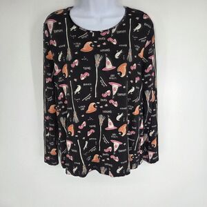 Celebrate Together Womens XL Halloween Witch Print Long Sleeve Top Black Spooky